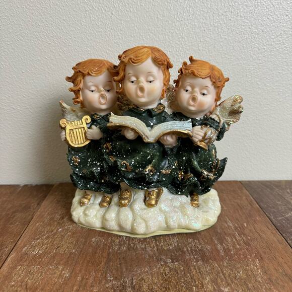 Vintage Resin Angel Trio Christmas Holiday Decor Music Box velvet bottom - Picture 1 of 6